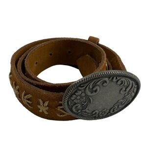 VTG Western Brown Suede Whipstitch Belt Floral Filigree Buckle Sz L Landman Boho